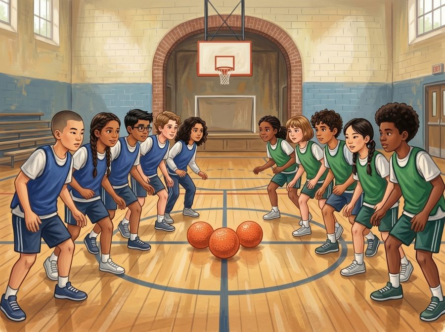 Kids playing dodgeball in the gym