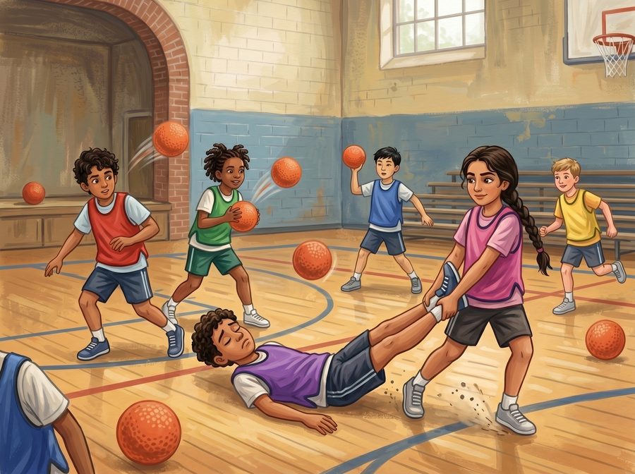 A dodgeball game in action